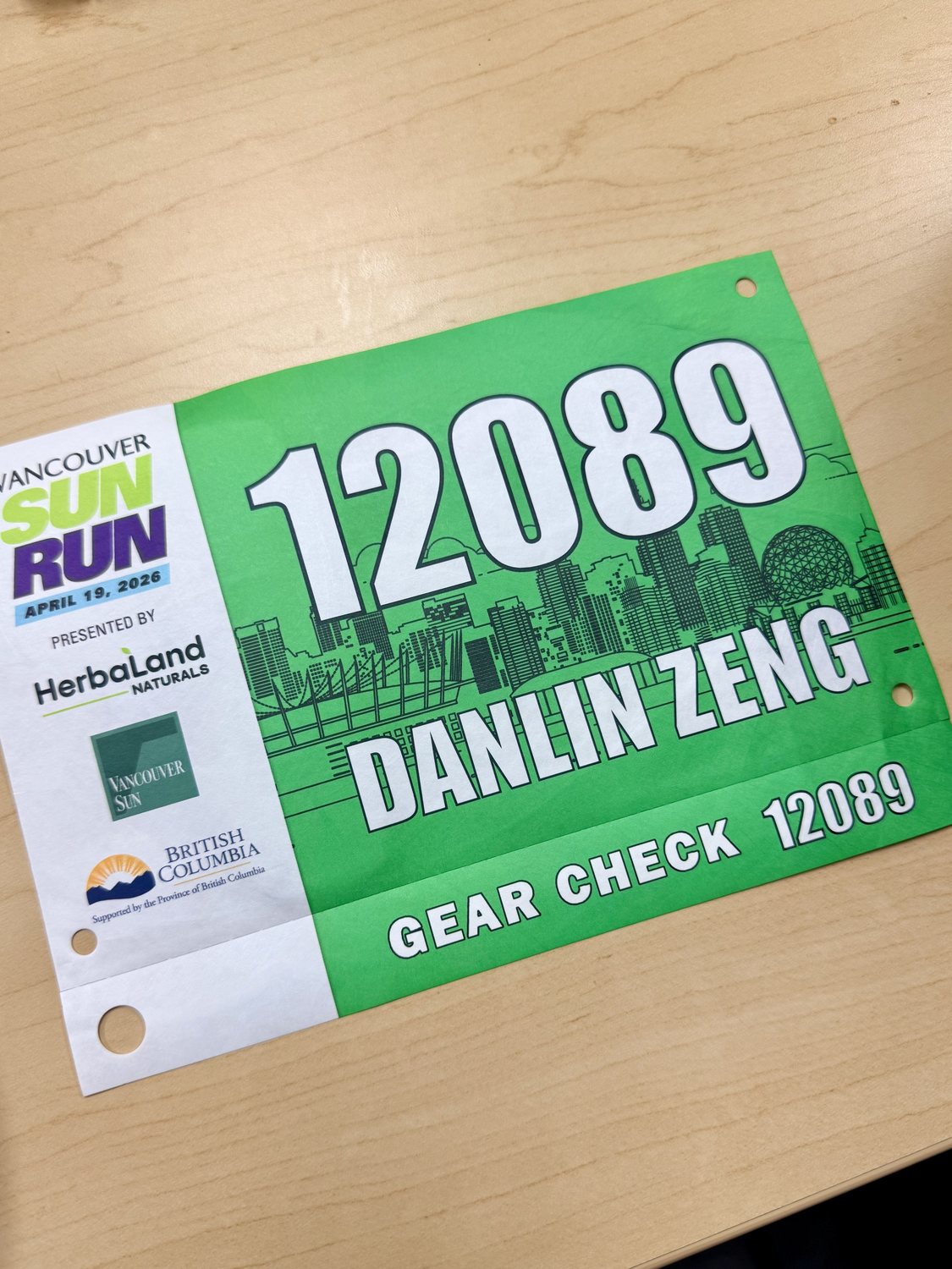 Vancouver Sun Run race bib number 12089 printed with Danlin Zeng